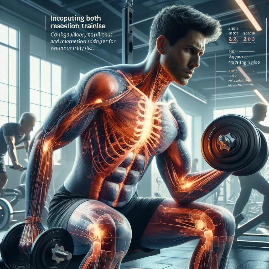 A healthy person performs biceps dumbbells curls while his skeleton glows visibly.